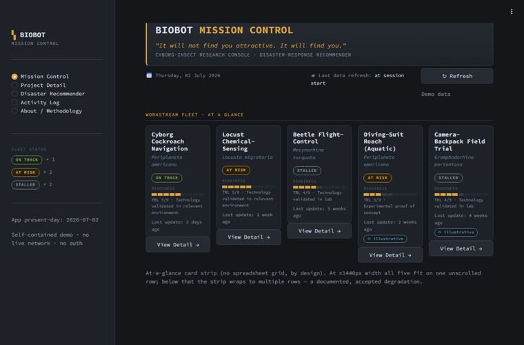 Biobot Mission Control — live tracker of cyborg-insect research with disaster-response recommender