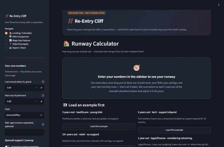 RE-ENTRY CLIFF — post-divorce financial runway calculator with wage-gap modeling